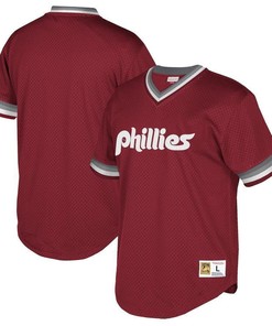 Philadelphia Phillies Mitchell And Ness Big And Tall Cooperstown Collection Mesh Wordmark V-neck Jersey - Maroon