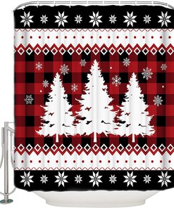 Pine Xmas Tree Snowflake Red Buffalo Plaid Shower Curtain - Buffalo Plaid Christmas Bathroom Decor