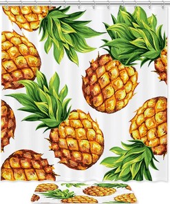 Pineapple Pattern Shower Curtain and Mat Set for Tropical Bathroom Decor 