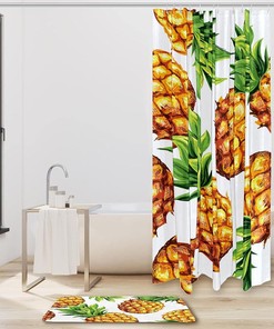 Pineapple Pattern Shower Curtain and Mat Set for Tropical Bathroom Decor