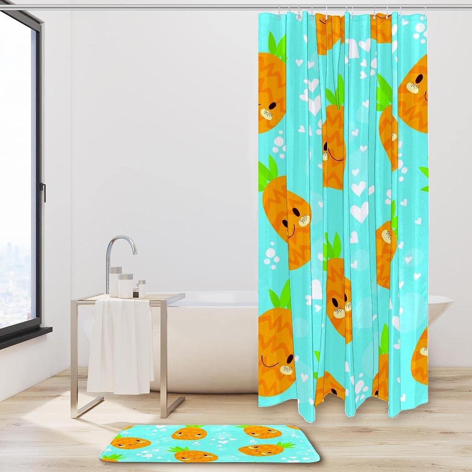 Pineapple Patterned Shower Curtain - Waterproof Bathroom Decor with Blue Tones