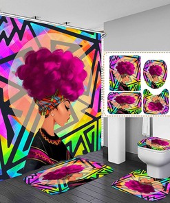 Pink African American Shower Curtain Set with Modern Bathroom Decor 
