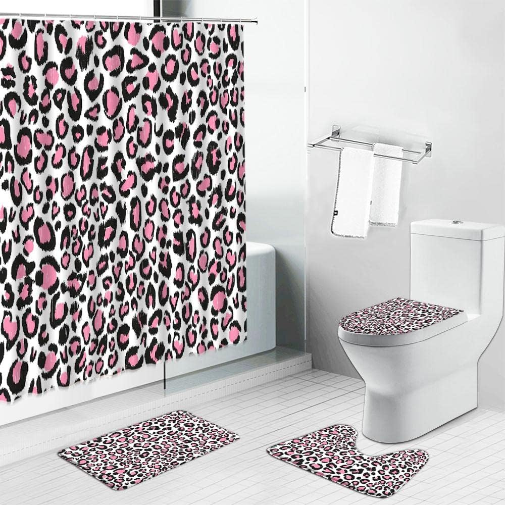 Pink Black Leopard Pattern Shower Curtain Set for a Modern and Stylish Bathroom Decor