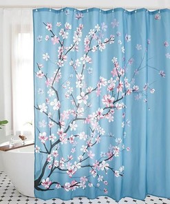Pink Blossom Shower Curtain, Blue Background, Watercolor Flower Pattern, Bathroom Decor