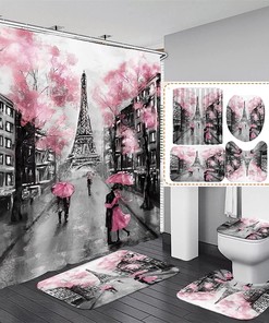 Pink Eiffel Tower Shower Curtain Set for Valentine's Day Bathroom Decor