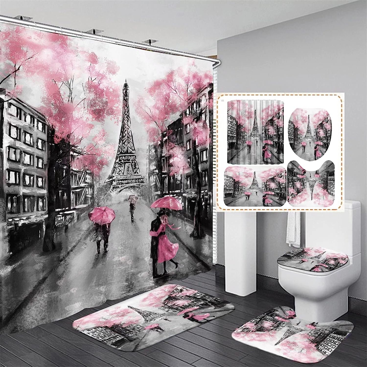 Pink Eiffel Tower Shower Curtain Set for Valentine's Day Bathroom Decor