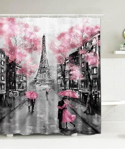 Pink Eiffel Tower Shower Curtain Set for Valentine's Day Bathroom Decor