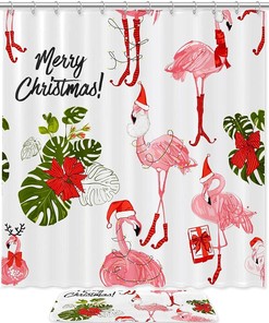 Pink Flamingo Christmas Waterproof Shower Curtain for Tropical Bathroom Decor