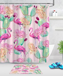 Pink Flamingo Floral Shower Curtain Bathroom Decor