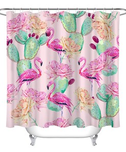 Pink Flamingo Floral Shower Curtain Bathroom Decor
