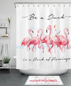 Pink Flamingo Shower Curtain Watercolor Funny Duck Bathroom Decor