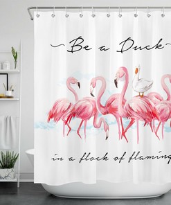 Pink Flamingo Shower Curtain Watercolor Funny Duck Bathroom Decor