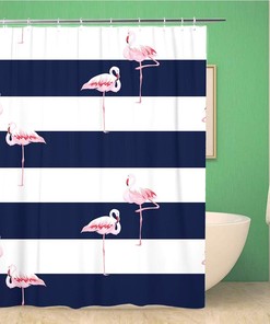 Pink Flamingo Stripes Navy Bird Shower Curtain - Dark Elegance Bathroom Decor