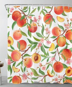 Pink Floral Shower Curtain with Green Leaf on White - Nature Fruit Plant Bathroom Curtains Shower Set