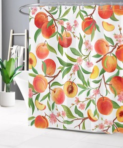 Pink Floral Shower Curtain with Green Leaf on White - Nature Fruit Plant Bathroom Curtains Shower Set