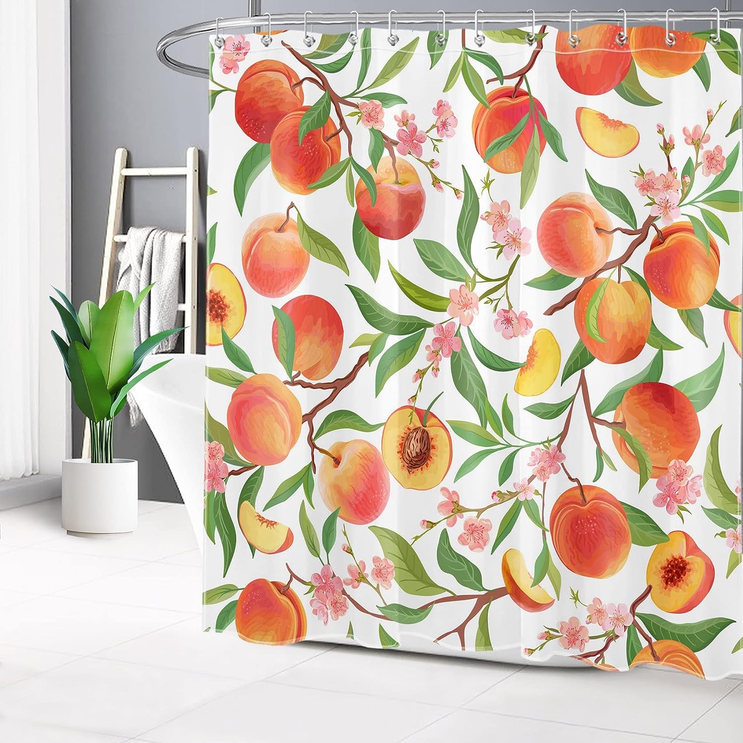 Pink Floral Shower Curtain with Green Leaf on White - Nature Fruit Plant Bathroom Curtains Shower Set