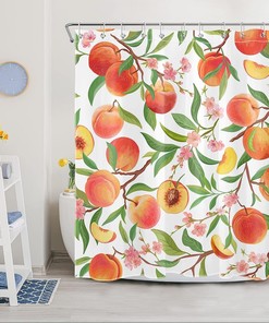 Pink Floral Shower Curtain with Green Leaf on White - Nature Fruit Plant Bathroom Curtains Shower Set