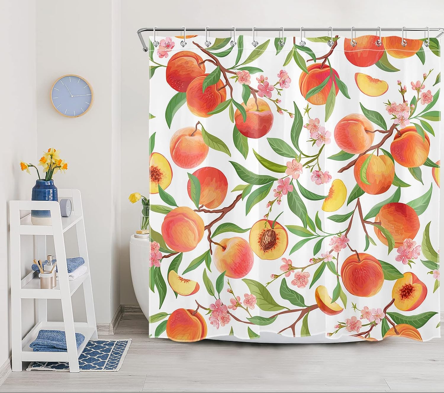 Pink Floral Shower Curtain with Green Leaf on White - Nature Fruit Plant Bathroom Curtains Shower Set