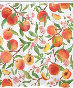 Pink Floral Shower Curtain with Green Leaf on White - Nature Fruit Plant Bathroom Curtains Shower Set
