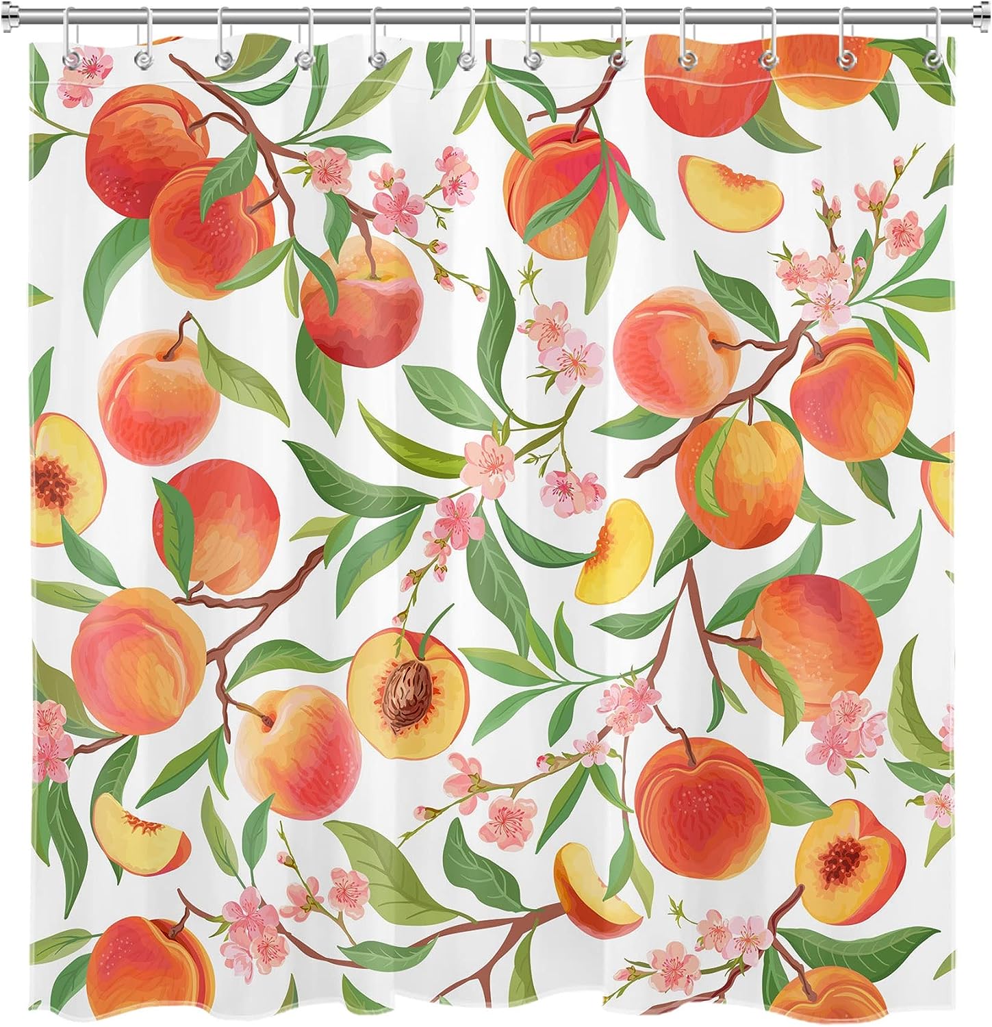 Pink Floral Shower Curtain with Green Leaf on White - Nature Fruit Plant Bathroom Curtains Shower Set