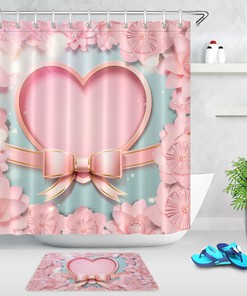 Pink Flowers Heart Shower Curtain with Waterproof Fabric | Bathroom Decor