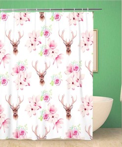 Pink Magnolia and Rose Flowers Deer Baroque Shower Curtain, Waterproof Fabric, Home and Bathroom Decor