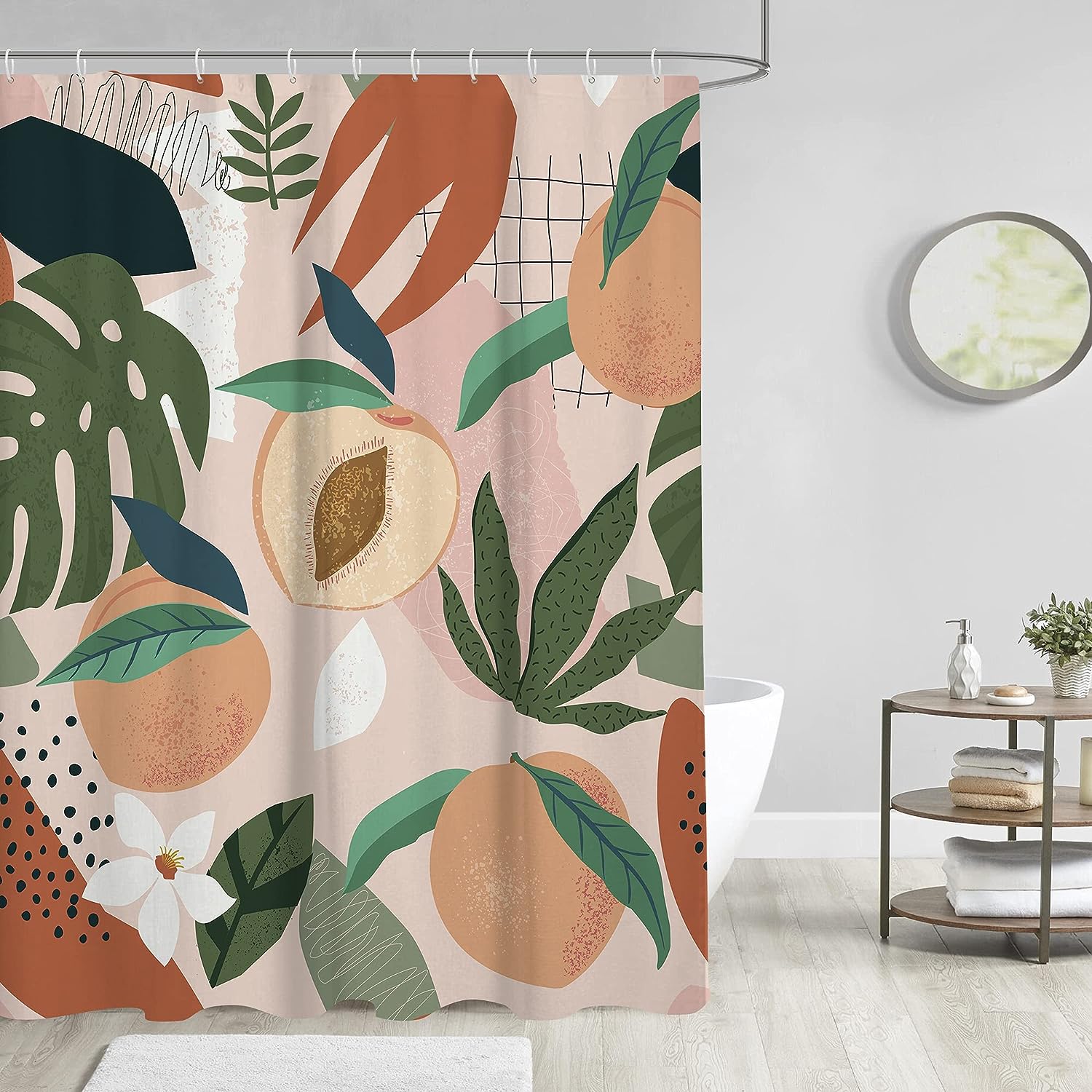 Pink Peach Shower Curtain with Fruit Plant Botanical Design - Perfect for Tropical Bathroom Decor