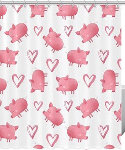 Pink Pig Love Heart Pattern Shower Curtain - Art Cute Animal Bathroom Decor