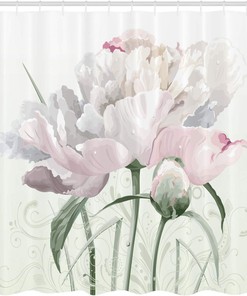Pink Roses and Tulips Shower Curtain with Garden Leaves and Petals for Bathroom Decor