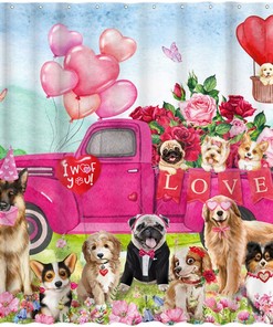 Pink Valentine's Day Dog Shower Curtain for Love Theme Bathroom Decor