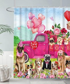 Pink Valentine's Day Dog Shower Curtain for Love Theme Bathroom Decor