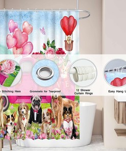 Pink Valentine's Day Dog Shower Curtain for Love Theme Bathroom Decor
