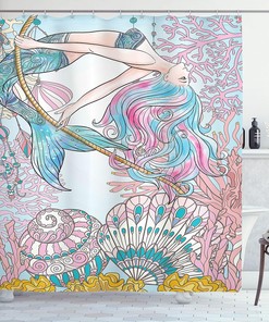 Pink and Blue Mermaid Shower Curtain with Greek Mythical Art for a Feminine Bathroom Decor