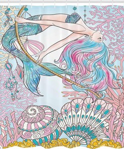 Pink and Blue Mermaid Shower Curtain with Greek Mythical Art for a Feminine Bathroom Decor