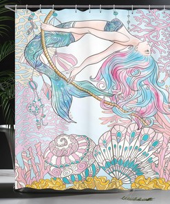 Pink and Blue Mermaid Shower Curtain with Greek Mythical Art for a Feminine Bathroom Decor