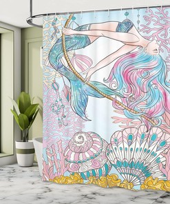 Pink and Blue Mermaid Shower Curtain with Greek Mythical Art for a Feminine Bathroom Decor