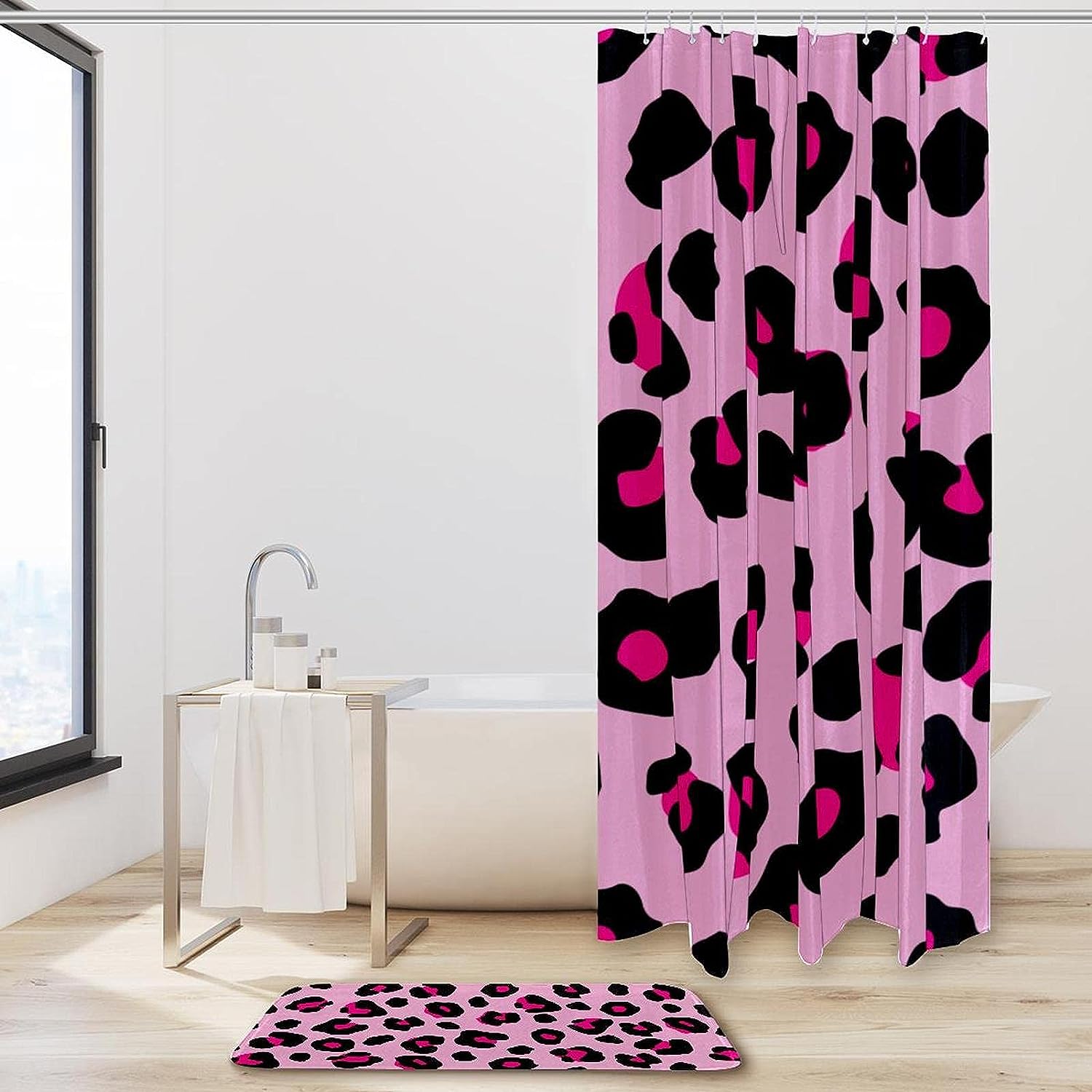 Pink and Orange Leopard Print Shower Curtain in Waterproof Fabric for Bathroom Decor