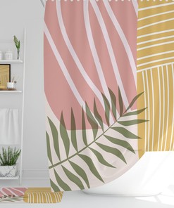 Pink and Yellow Tropical Plant Abstract Shower Curtain for Aesthetic Bathroom Decor