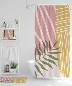Pink and Yellow Tropical Plant Abstract Shower Curtain for Aesthetic Bathroom Decor