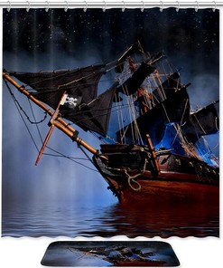 Pirate Ship Black Shower Curtain for Nautical and Adventure-Themed Bathroom Decor