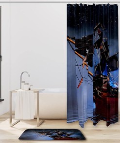 Pirate Ship Black Shower Curtain for Nautical and Adventure-Themed Bathroom Decor