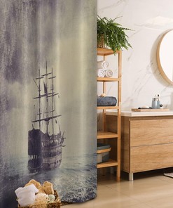 Pirate Ship Retro Voyage Nautical Stall Shower Curtain, Fabric Plum Tan Bathroom Decor