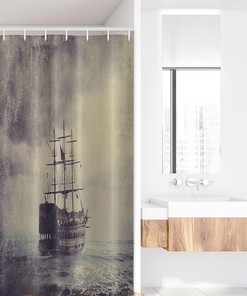 Pirate Ship Retro Voyage Nautical Stall Shower Curtain, Fabric Plum Tan Bathroom Decor