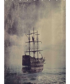 Pirate Ship Retro Voyage Nautical Stall Shower Curtain, Fabric Plum Tan Bathroom Decor
