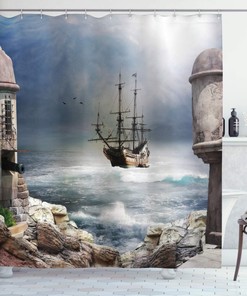 Pirate Ship Shower Curtain, Bay of Fort Anchored Fabric Bathroom Decor, Pale Muave Beige