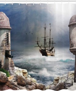 Pirate Ship Shower Curtain, Bay of Fort Anchored Fabric Bathroom Decor, Pale Muave Beige