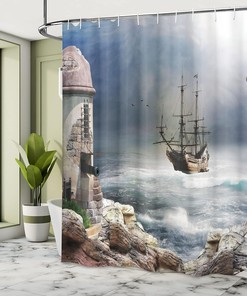 Pirate Ship Shower Curtain, Bay of Fort Anchored Fabric Bathroom Decor, Pale Muave Beige