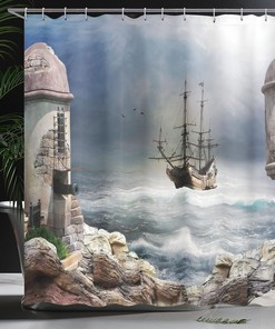 Pirate Ship Shower Curtain, Bay of Fort Anchored Fabric Bathroom Decor, Pale Muave Beige