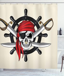 Pirate Skull Shower Curtain, Scarf Wheel Violence Sea Sail Adventure Cloth Bathroom Decor, Cream Black Red