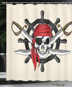 Pirate Skull Shower Curtain, Scarf Wheel Violence Sea Sail Adventure Cloth Bathroom Decor, Cream Black Red